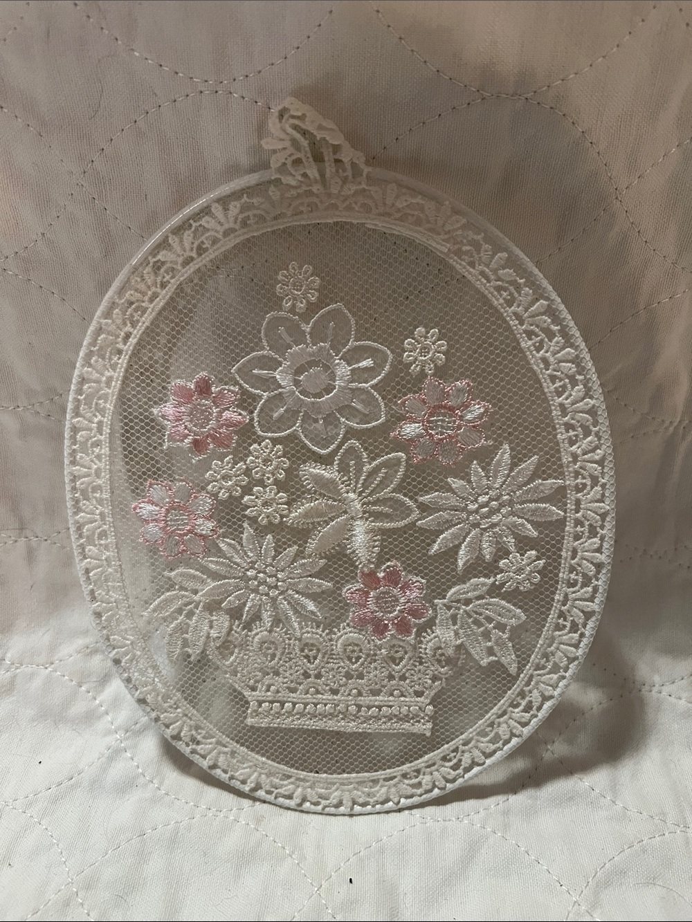 Embroidered Floral Lace Wall Hanging - White with Pink Accents
